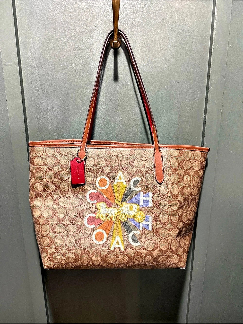 Coach City Tote Bag In Signature Canvas With Coach Radial Rainbow Graphic